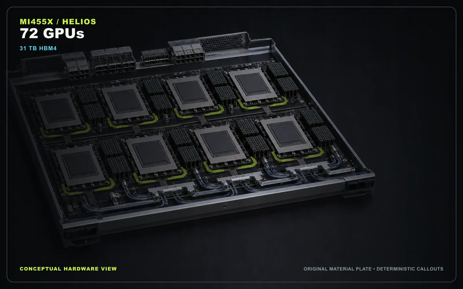 A AMD system-scale conceptual hardware view showing the physical service boundary discussed in the article. This is an original material rendering with deterministic editorial callouts, not a product photograph, floorplan or manufacturing drawing. Original figure created for this article.