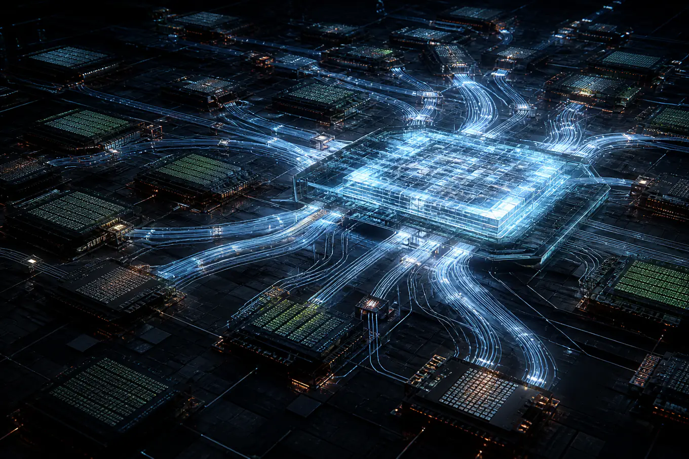 An original editorial illustration of accelerator and memory tiles linked into one coherent datacenter-scale silicon system.