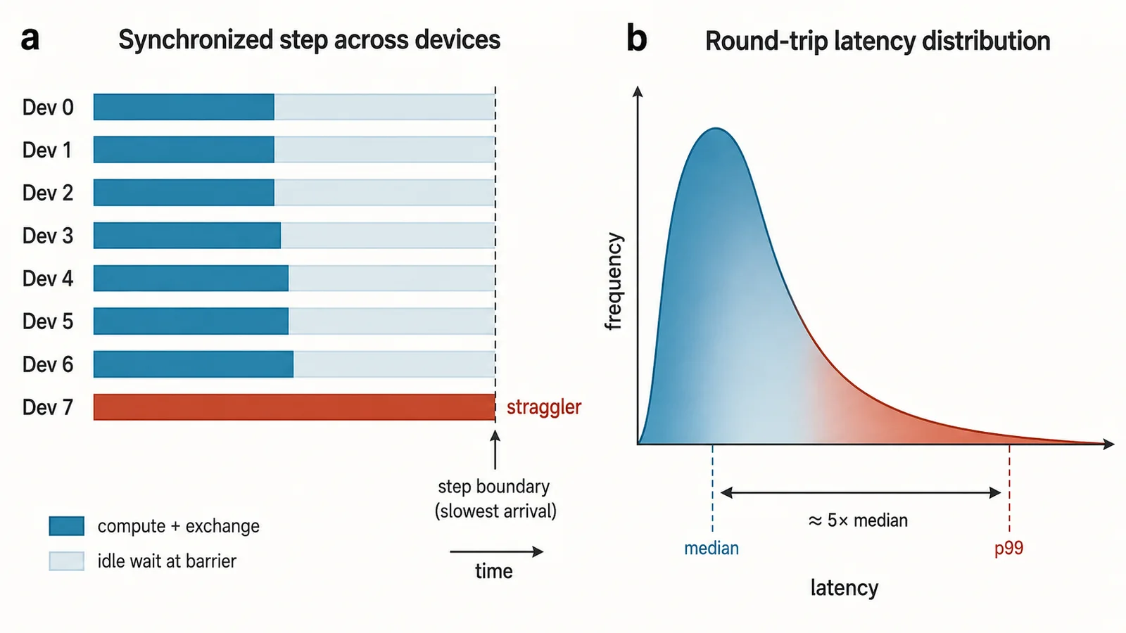 Synchronized-step execution. a, A step ends at the slowest arrival, and thus the variation across participants, not the mean latency, determines the step time. b, Production round-trip distributions are heavy-tailed, with a 99th percentile around five times the median. Original figure created for this article.