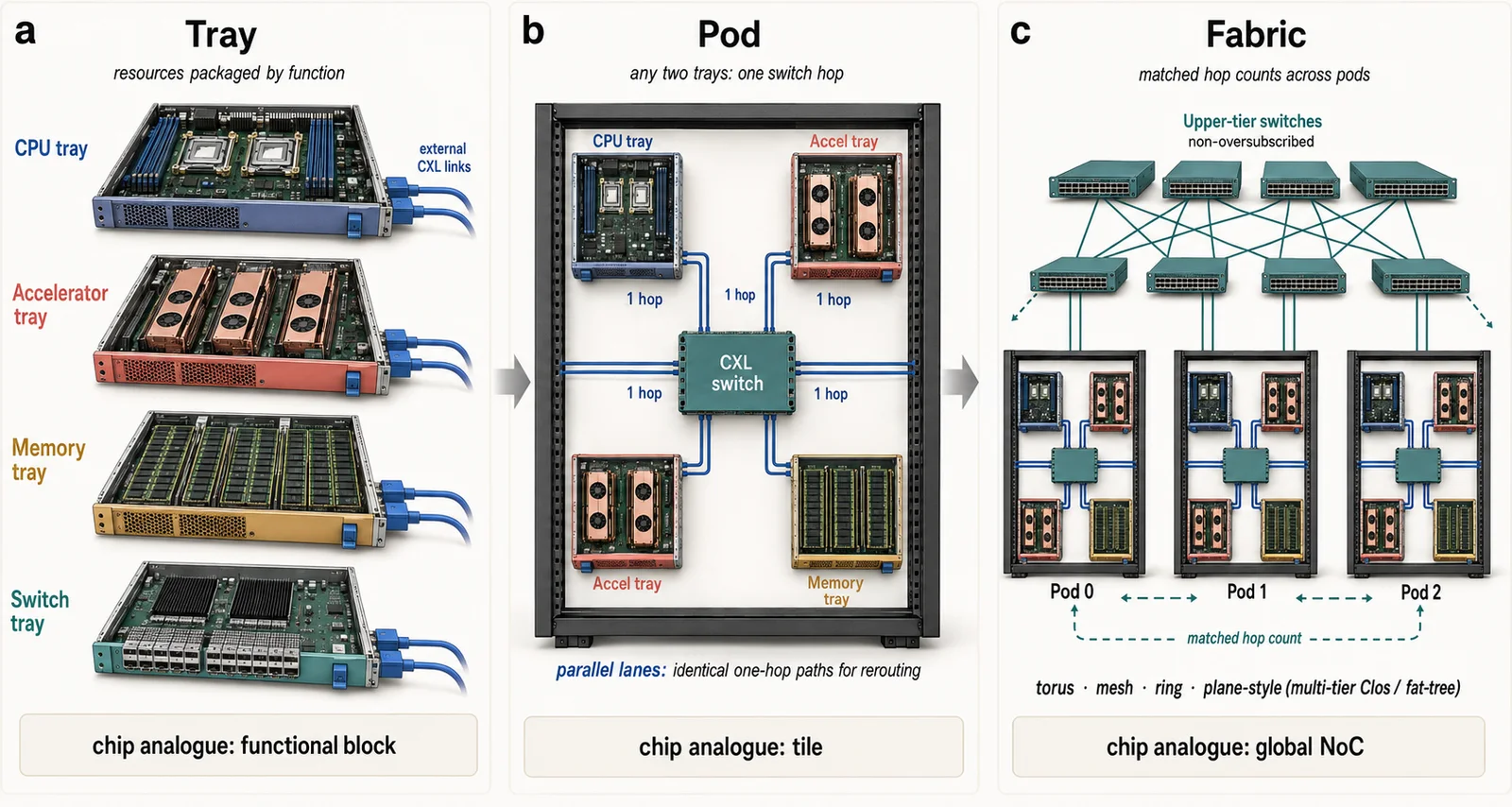 Tray-pod-fabric hierarchy. a, A tray packages resources by function with external CXL links. b, A pod connects trays through a single switch hop, with parallel identical lanes for rerouting. c, Upper-tier switches interconnect pods with matched hop counts, mirroring the block, tile and global NoC organization of a die. Original figure created for this article.