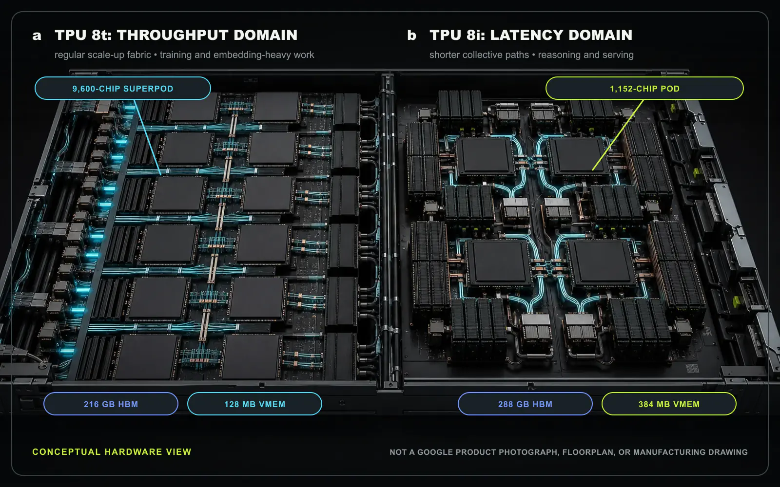 Conceptual hardware plate comparing the physical design priorities of TPU 8t and TPU 8i. Panel a depicts a broad regular accelerator domain for throughput; panel b depicts a compact high-radix domain with more nearby memory for latency. Original figure created for this article; it is not a Google product photograph, floorplan, exact package count or manufacturing drawing.