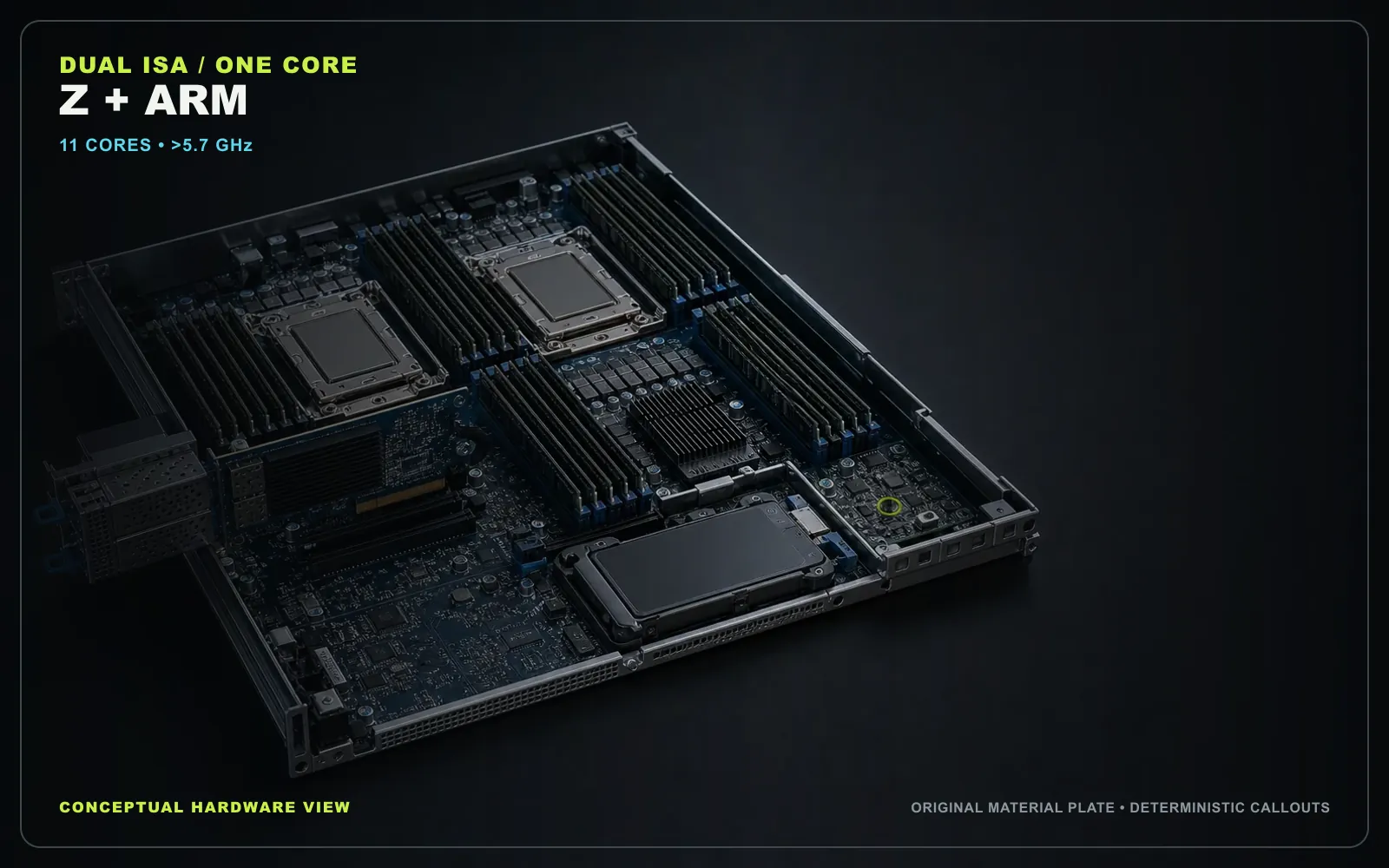 A IBM system-scale conceptual hardware view showing the physical service boundary discussed in the article. This is an original material rendering with deterministic editorial callouts, not a product photograph, floorplan or manufacturing drawing. Original figure created for this article.