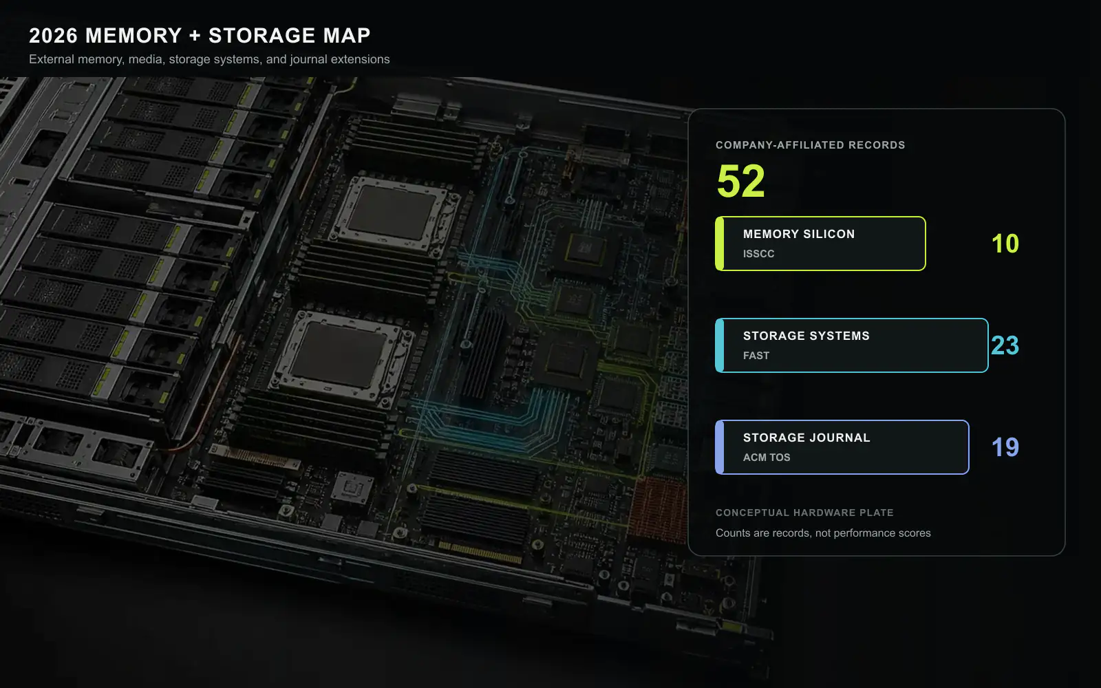 A conceptual memory and storage server shows packages, memory slots, controllers, and NVMe devices while a deterministic overlay counts 52 company-affiliated ISSCC, FAST, and ACM TOS records through August 30, 2026. It is not a product photograph. Original figure created for this article.