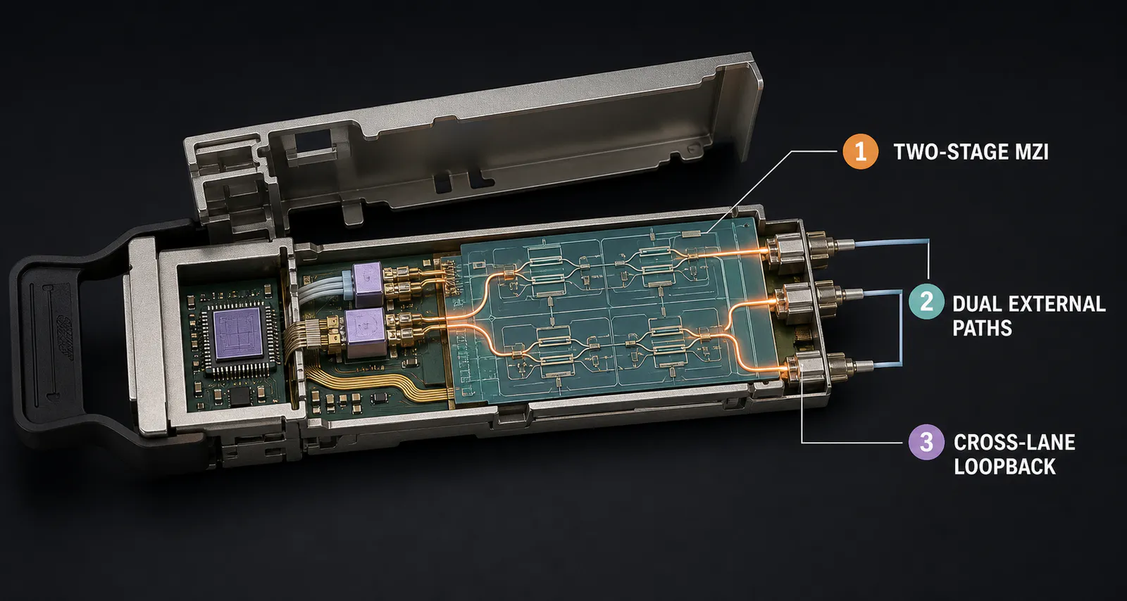 Conceptual cutaway of OCSTrx inside a QSFP-DD-class shell. The active light path crosses two MZI stages, can select either external fiber path, and can close through cross-lane loopback under the control ASIC on the module PCB. The architecture follows the paper, while connector geometry and component placement are illustrative rather than a manufacturing drawing. Original figure created for this article.