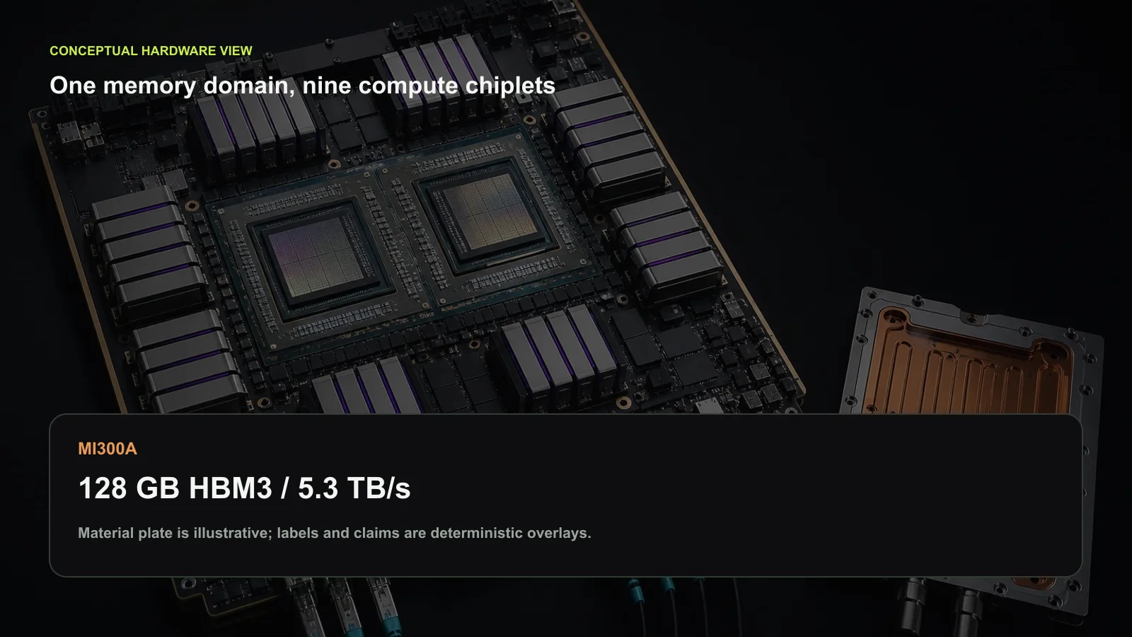 Conceptual hardware view of the MI300A integration argument. The package combines six GPU chiplets, three CPU chiplets, four base I/O dies, and eight HBM3 stacks behind one coherent memory domain. The cited operating point is 128 GB at about 5.3 TB/s. This is an explanatory material plate, not a product photograph, die shot, or manufacturing drawing. Original figure created for this article.