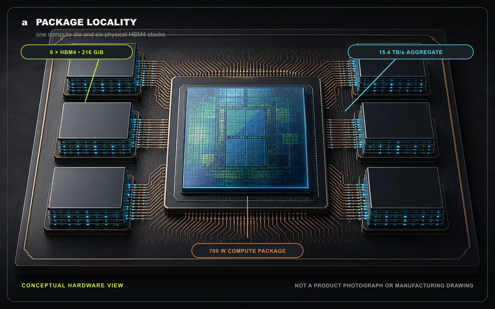 A conceptual package-scale view of Jalapeño’s locality strategy. One central compute die is surrounded by exactly six HBM-like stacks on short interposer paths, corresponding to the disclosed 216 GiB and 15.4 TB/s package. The material rendering is original and is not an OpenAI or Broadcom product photograph, floorplan, or manufacturing drawing; device count and callouts were composed deterministically from the Hot Chips disclosures. Original figure created for this article.