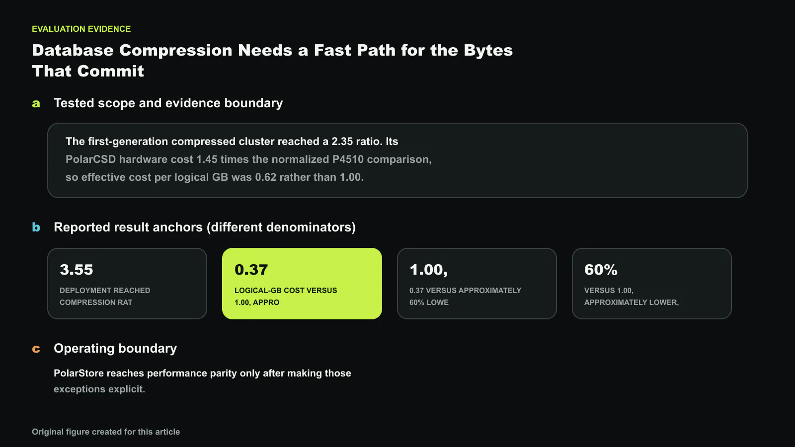 Evaluation evidence for PolarStore: High-Performance Data Compression for Large-Scale Cloud-Native Databases, separated into tested scope, result anchors with different denominators, and the operating boundary. Reported values shown are 3.55, 0.37, 1.00, app, 60%; they are not one compounded improvement. Exact values and labels were composed deterministically. Original figure created for this article.