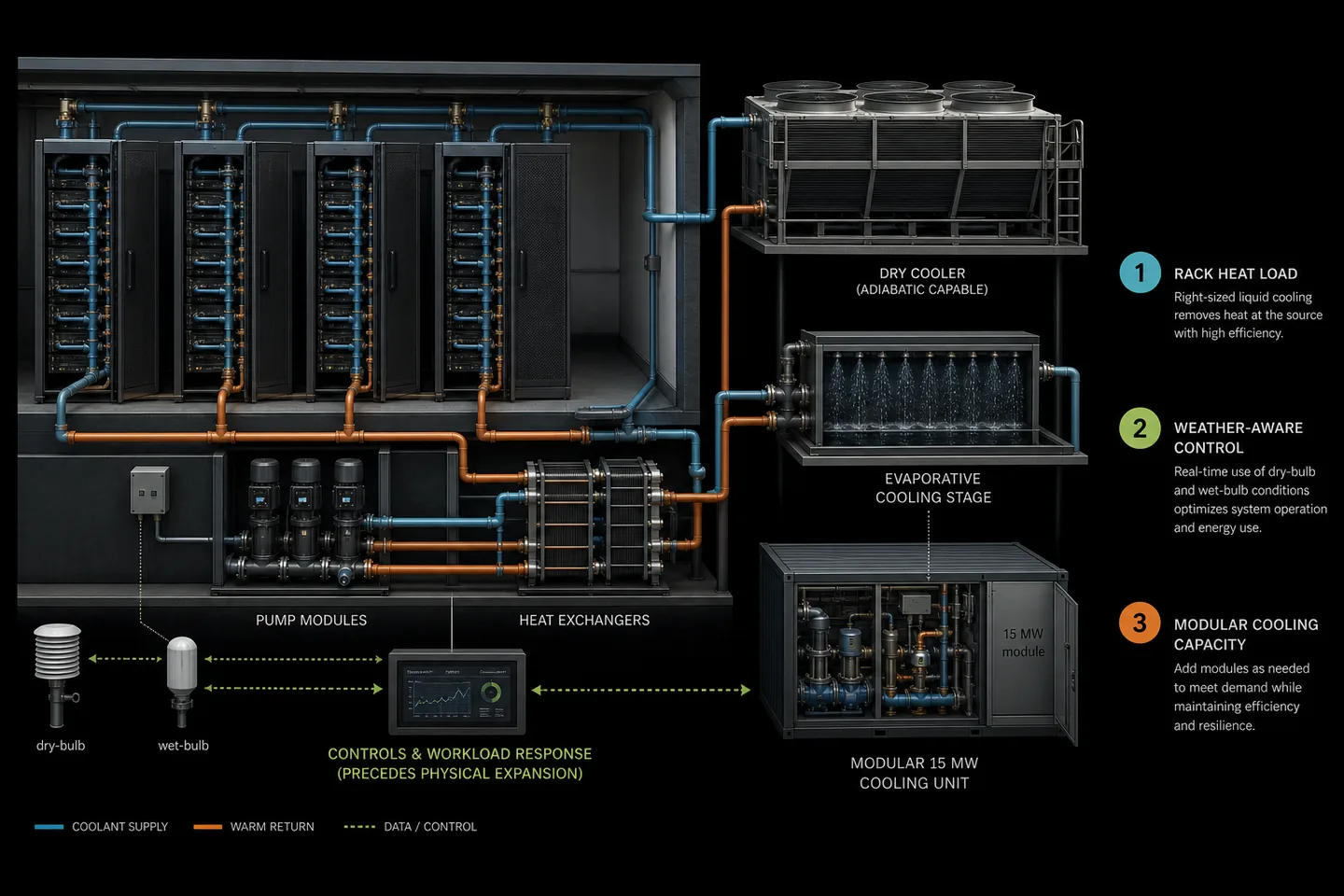 Where the climate model meets cooling hardware. Rack heat enters a liquid loop, pumps and heat exchangers move it toward dry or evaporative rejection, and dry-bulb and wet-bulb sensing inform controls and workload response before another roughly 15 MW module is installed. The layout is a conceptual facility view, not a site-specific piping or engineering drawing. Original figure created for this article.