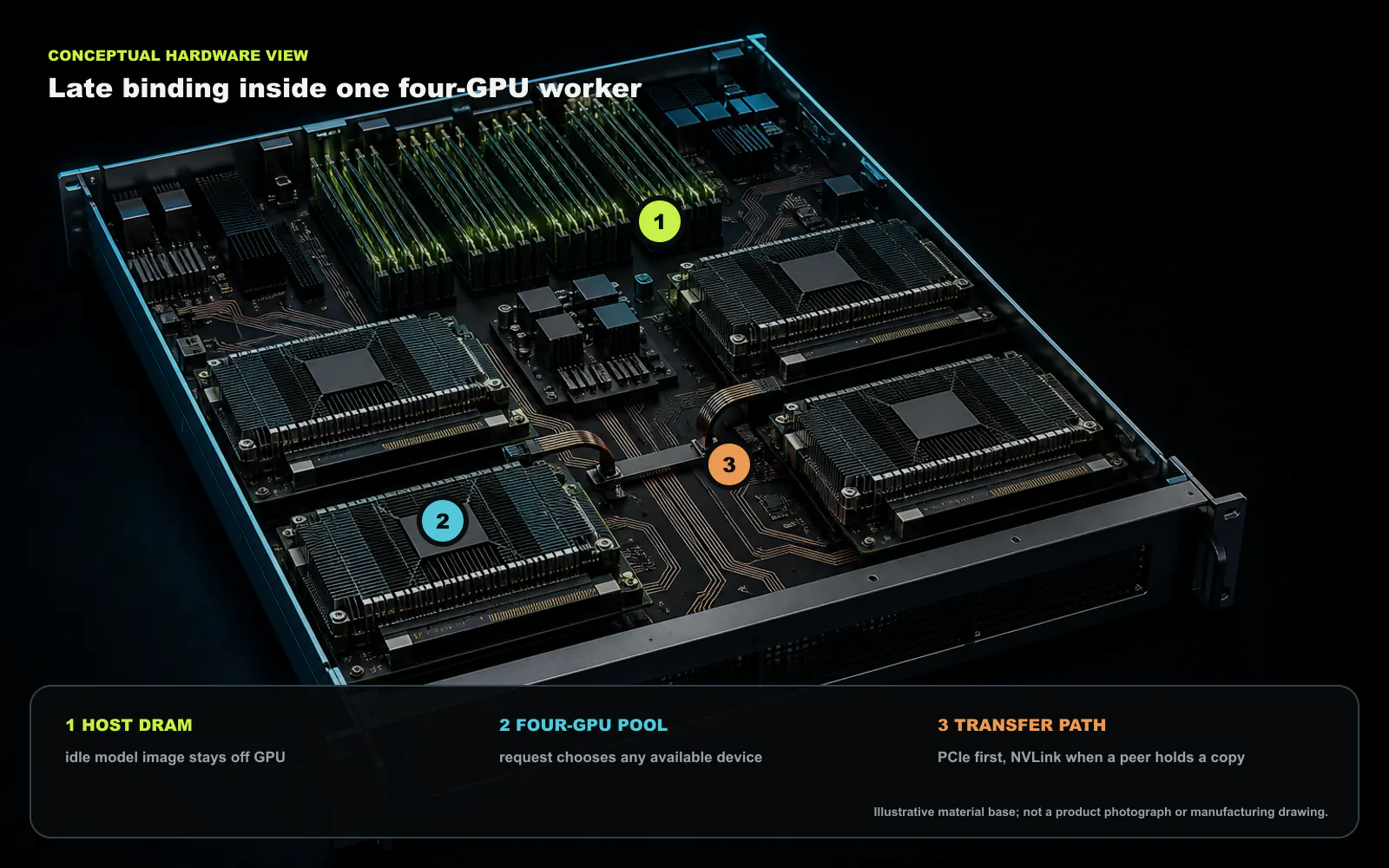 An open four-GPU server tray shows host DRAM, a local accelerator pool, and the model-transfer path. An idle model remains in host memory, while an arriving request can select any available GPU. This is a conceptual hardware view, not a product photograph or manufacturing drawing. Original figure created for this article.